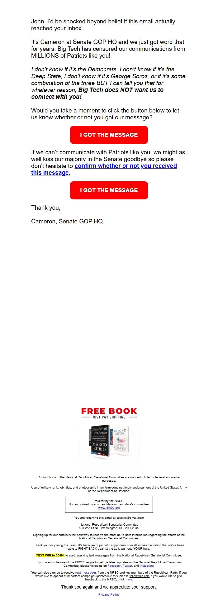 Screenshot of the email generated on import