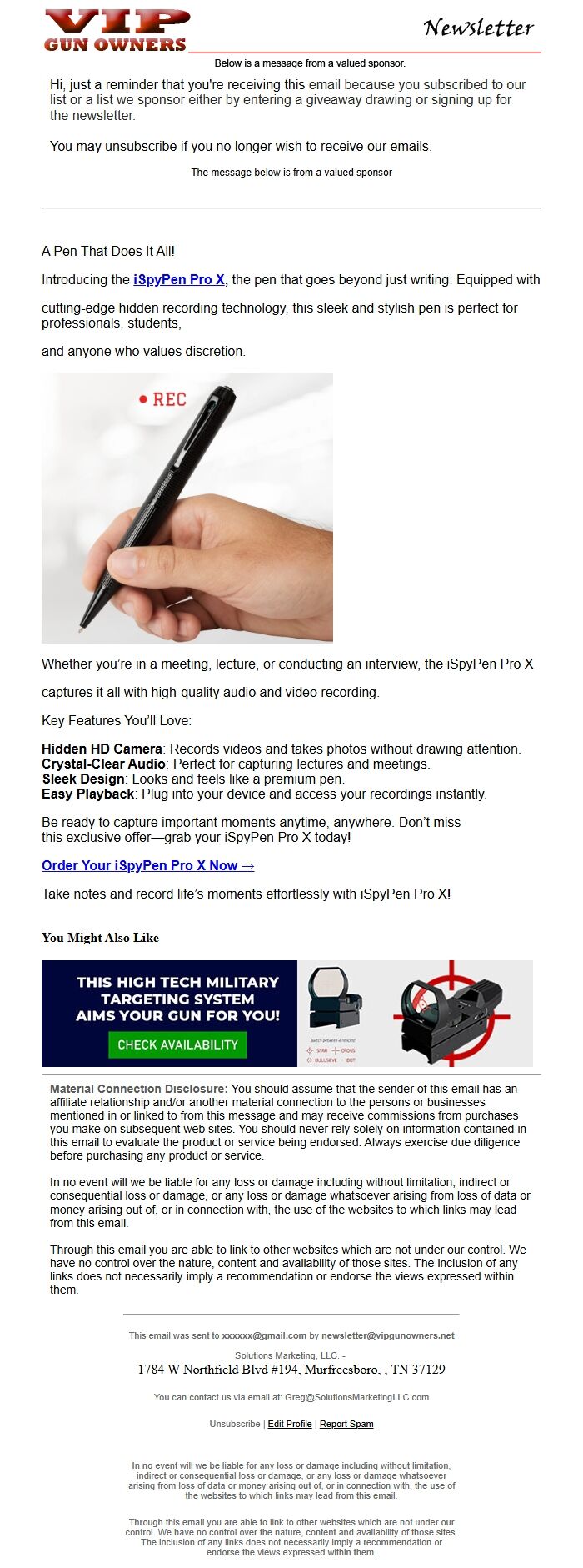 Screenshot of the email generated on import