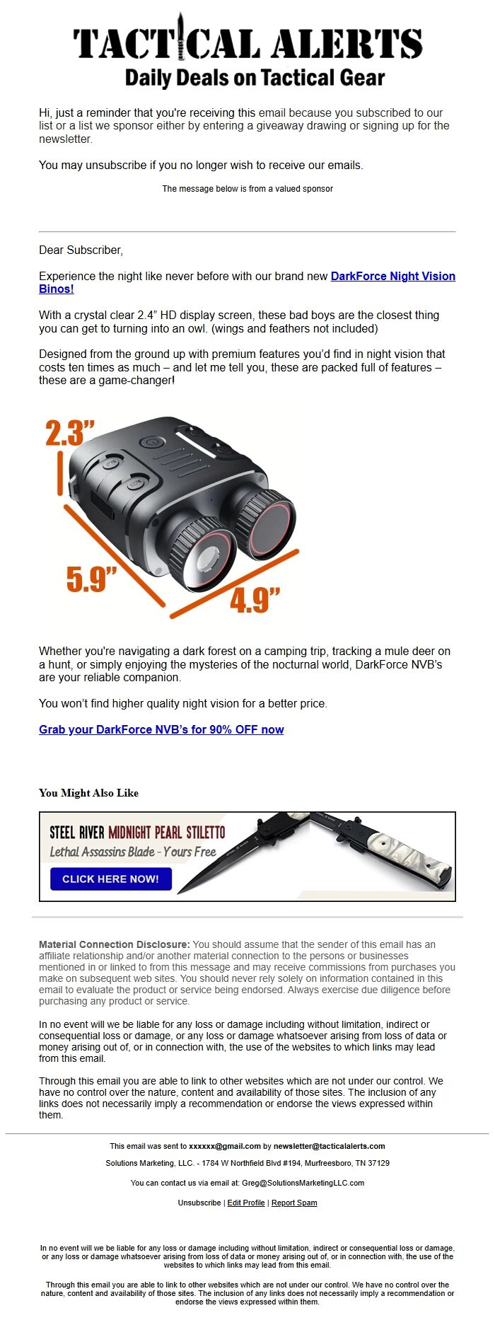 Screenshot of the email generated on import