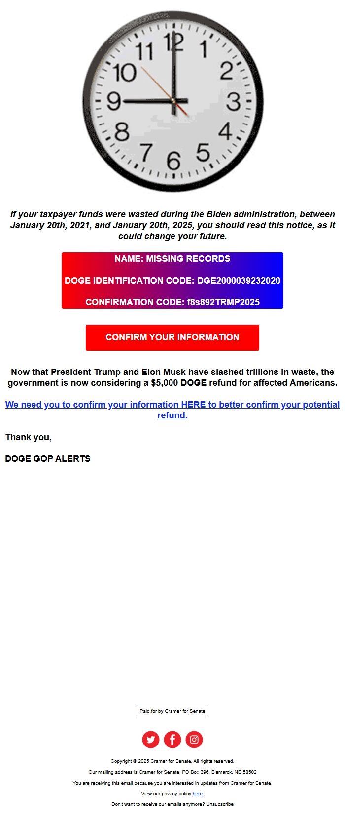 Screenshot of the email generated on import