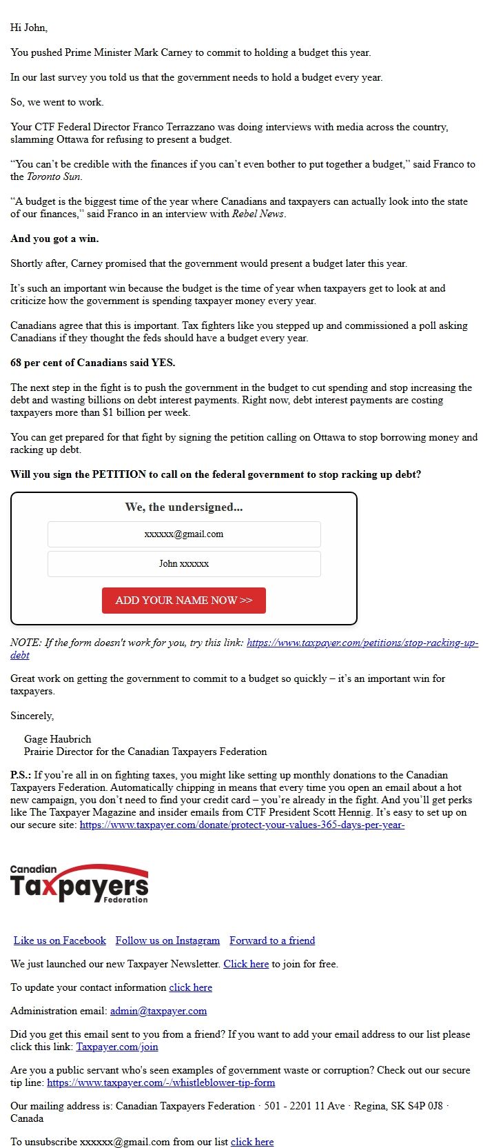 Screenshot of the email generated on import