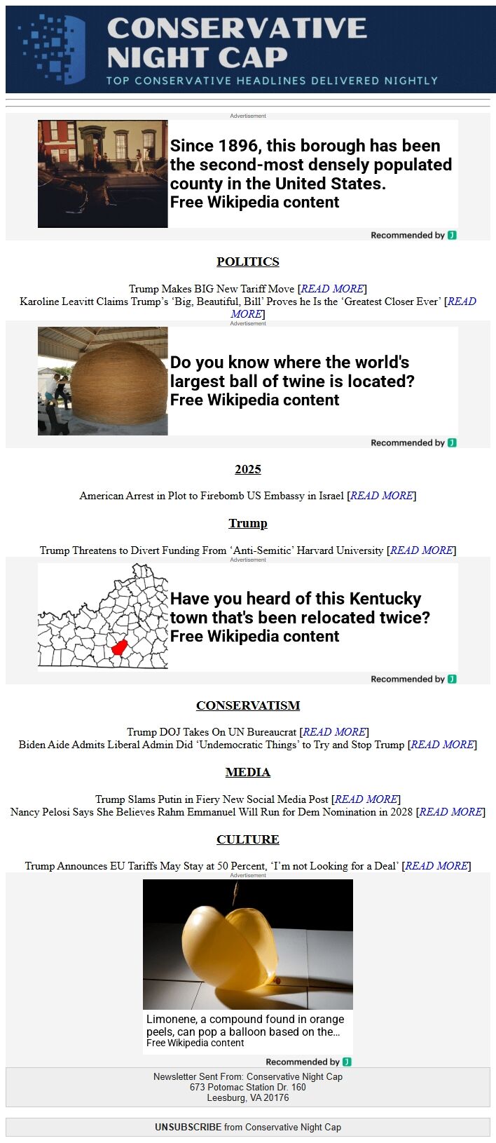 Screenshot of the email generated on import