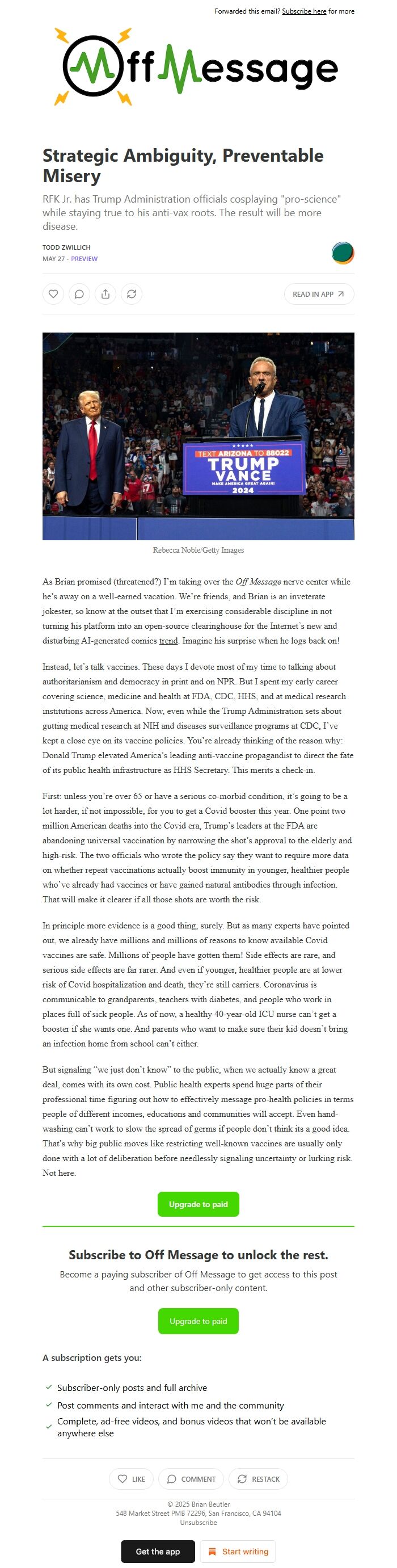 Screenshot of the email generated on import