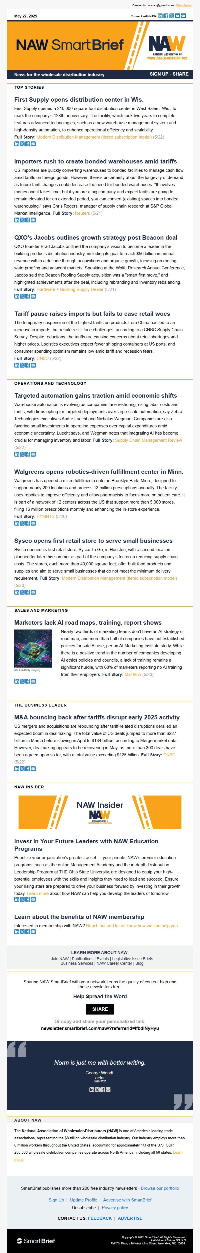 Screenshot of the email generated on import