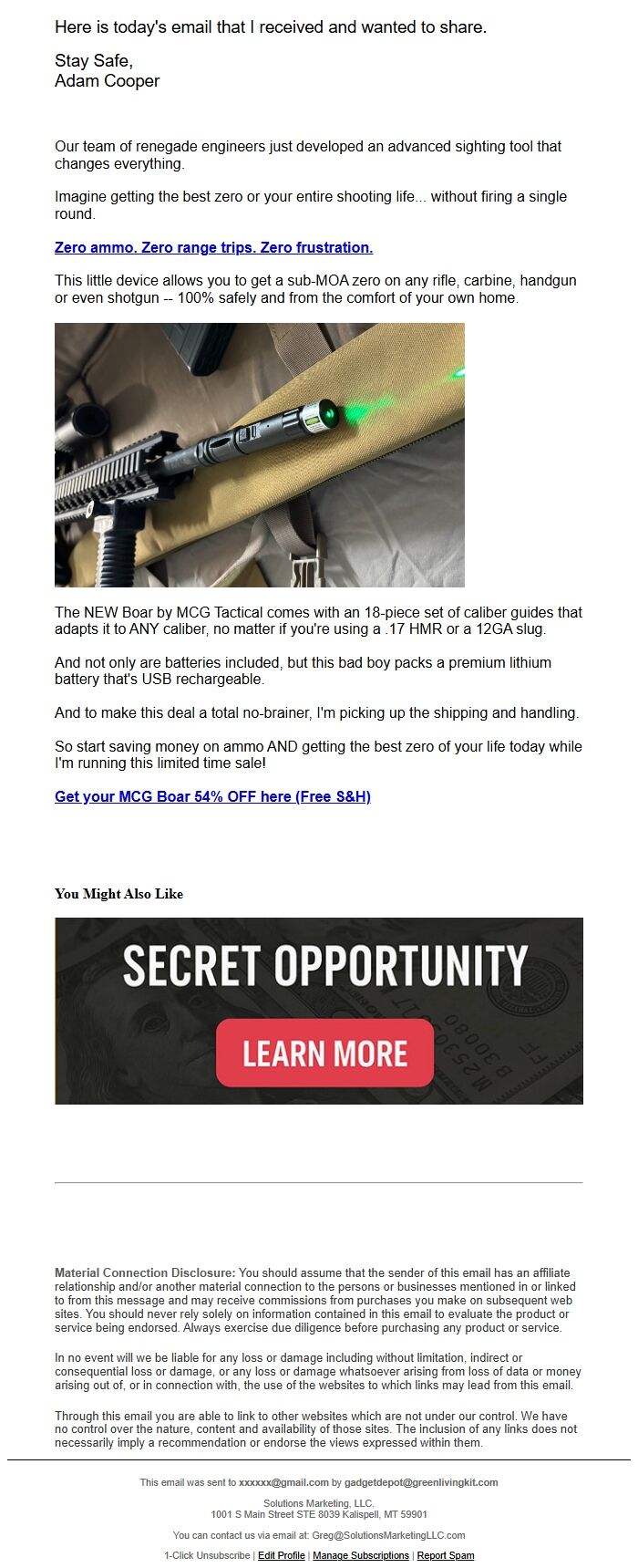 Screenshot of the email generated on import