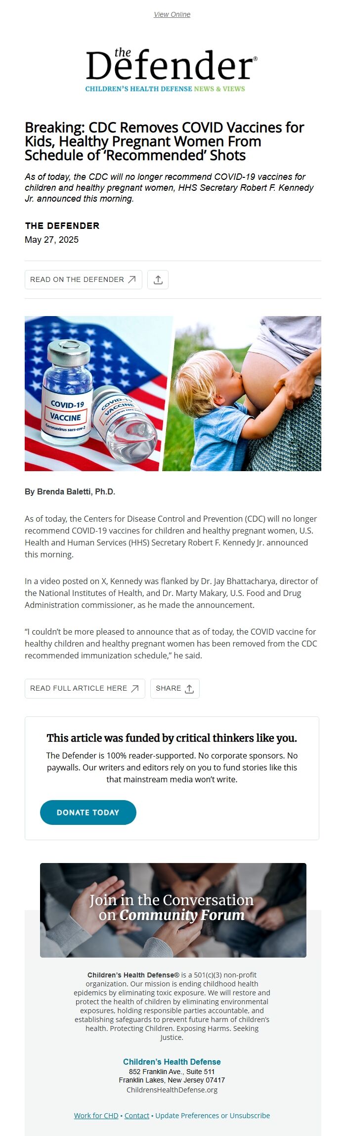 Screenshot of the email generated on import