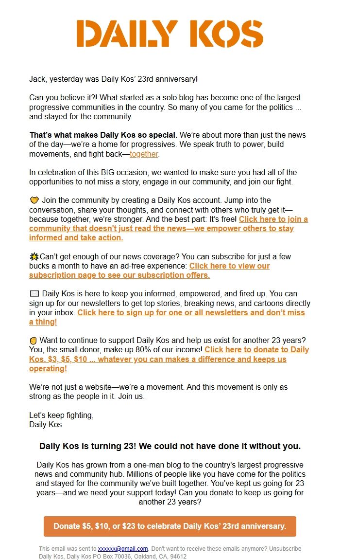 Screenshot of the email generated on import