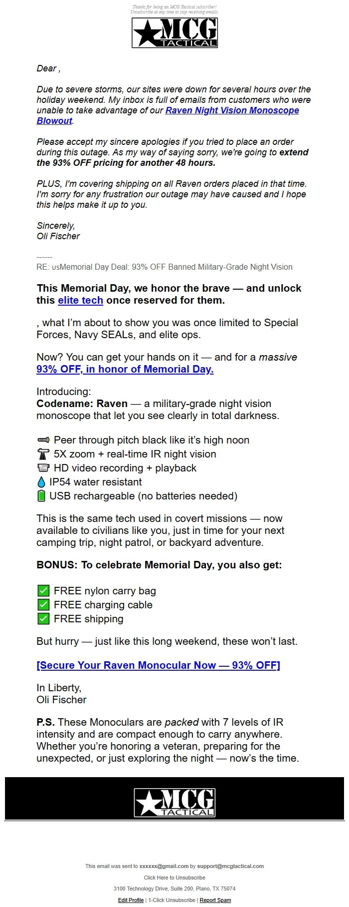 Screenshot of the email generated on import