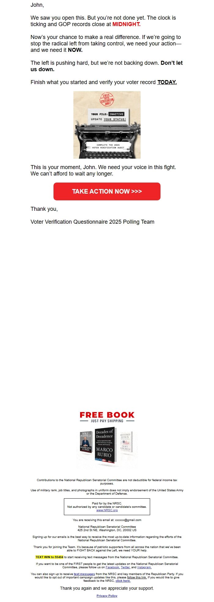 Screenshot of the email generated on import
