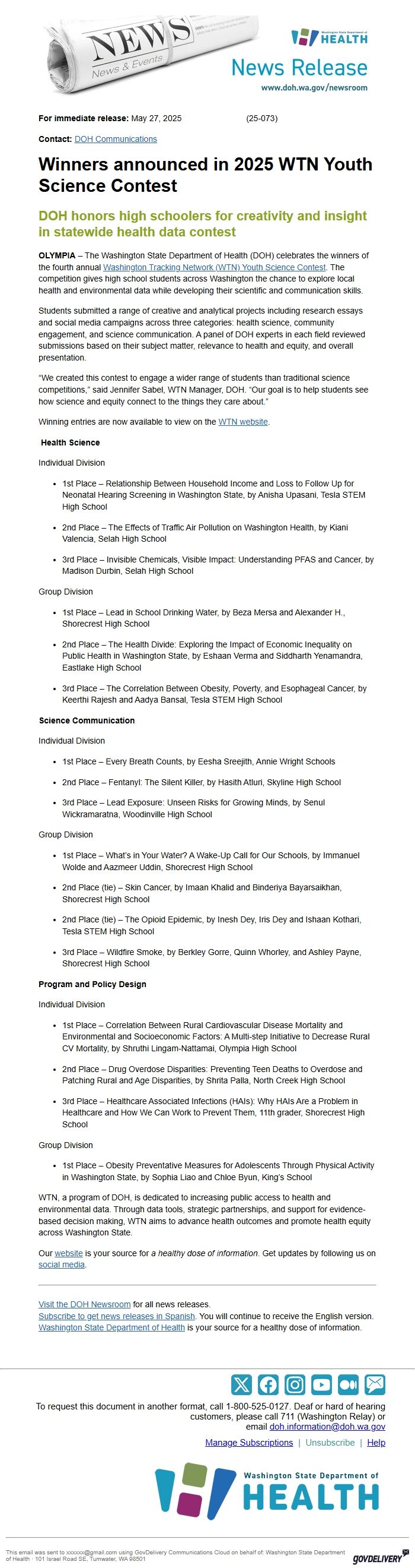 Screenshot of the email generated on import
