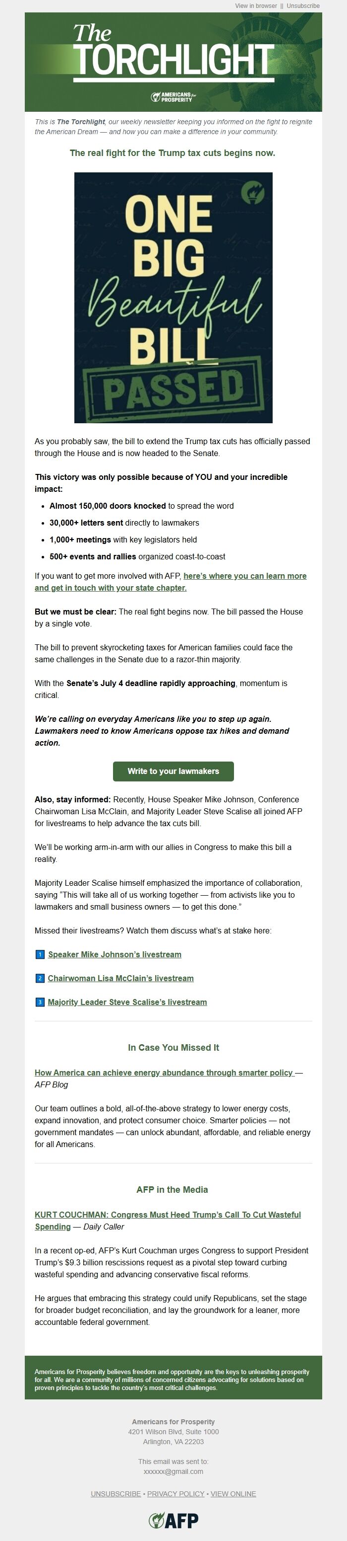 Screenshot of the email generated on import