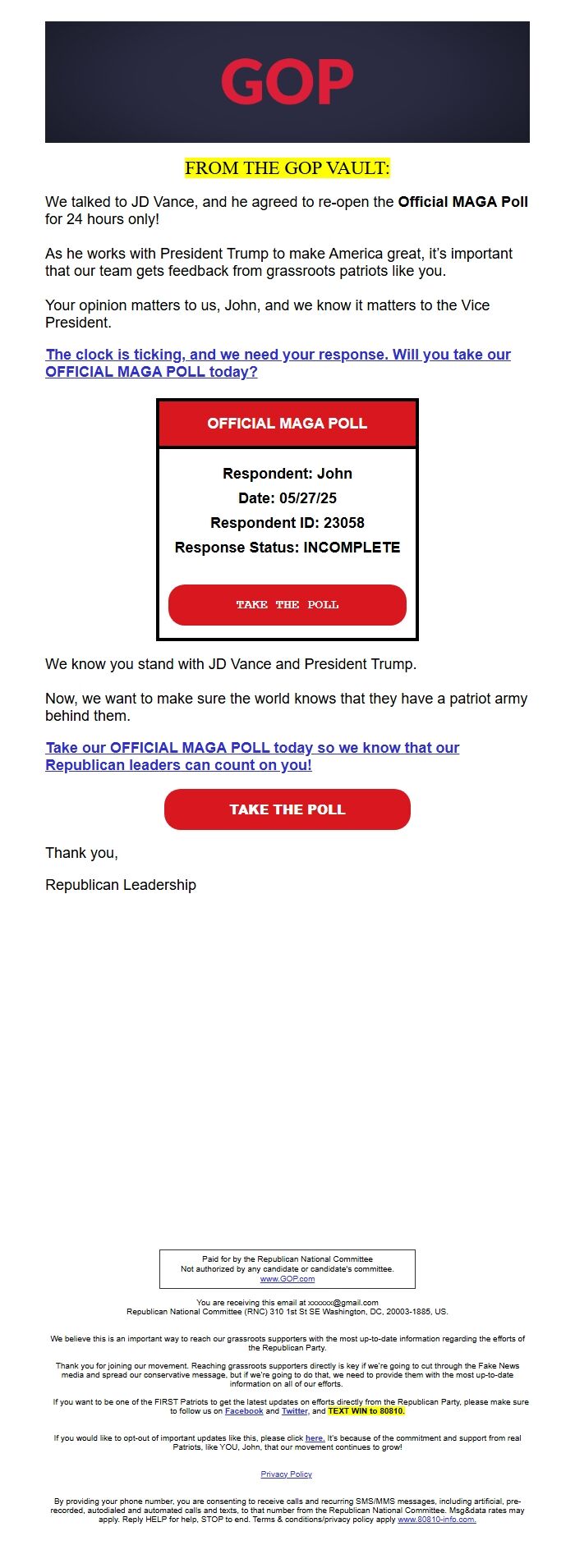 Screenshot of the email generated on import