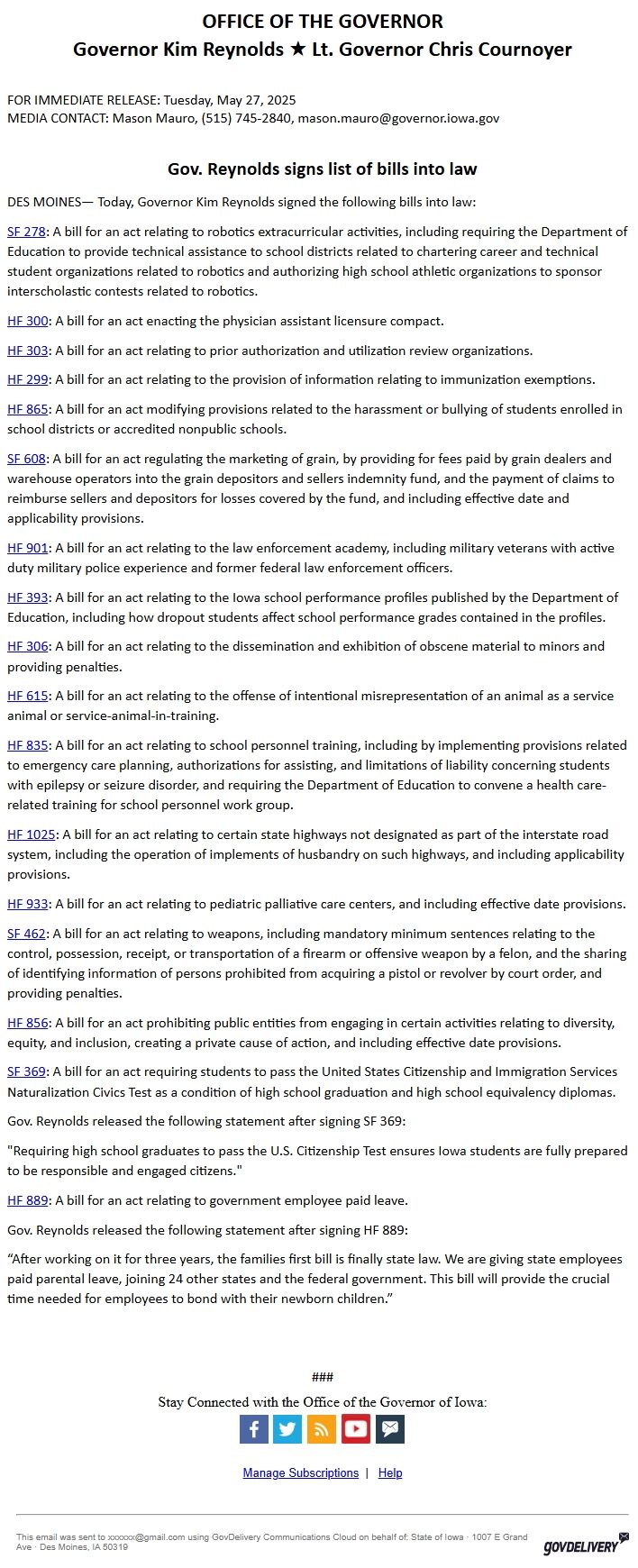 Screenshot of the email generated on import