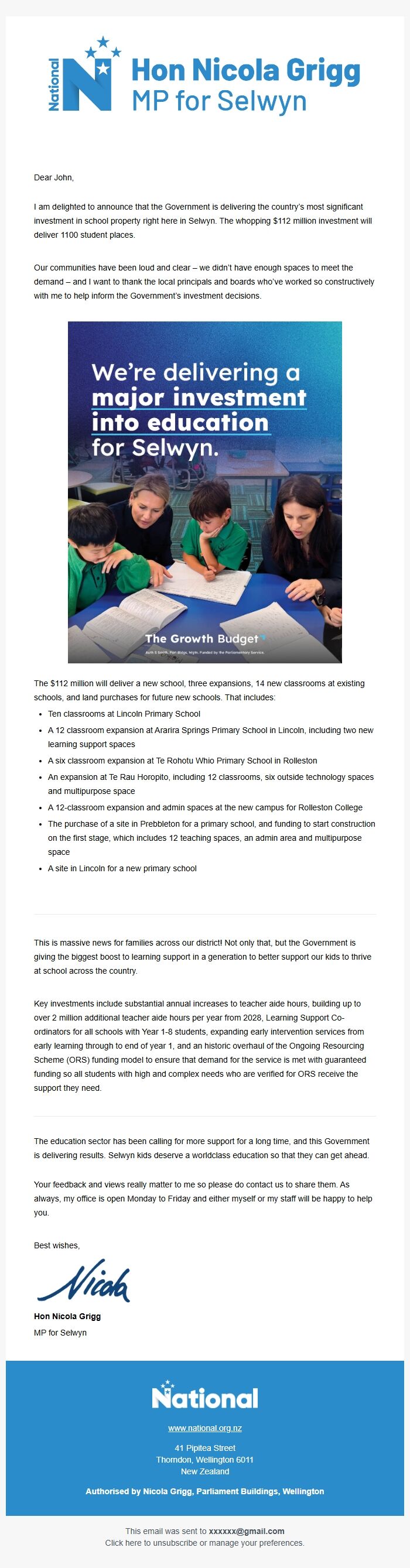 Screenshot of the email generated on import