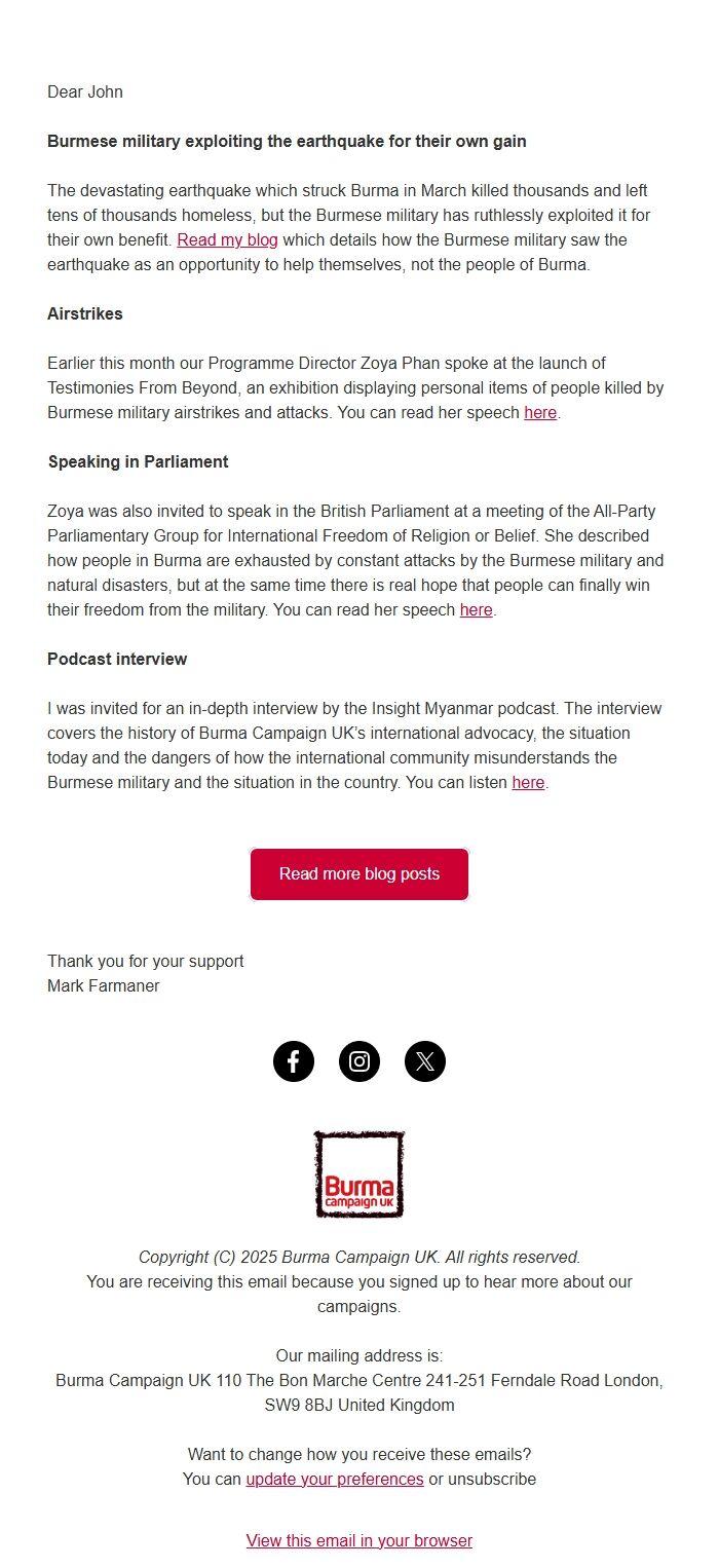 Screenshot of the email generated on import