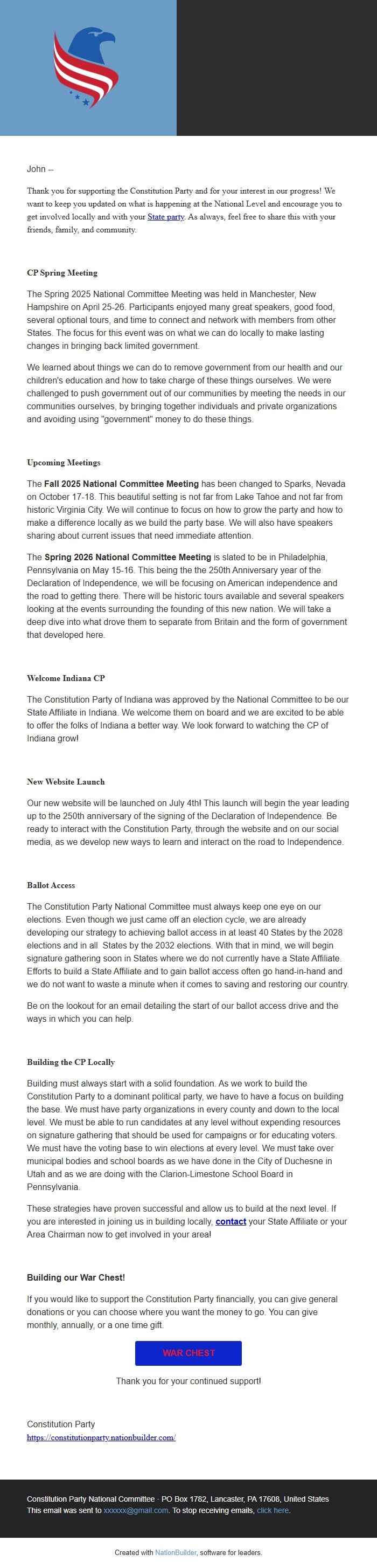 Screenshot of the email generated on import