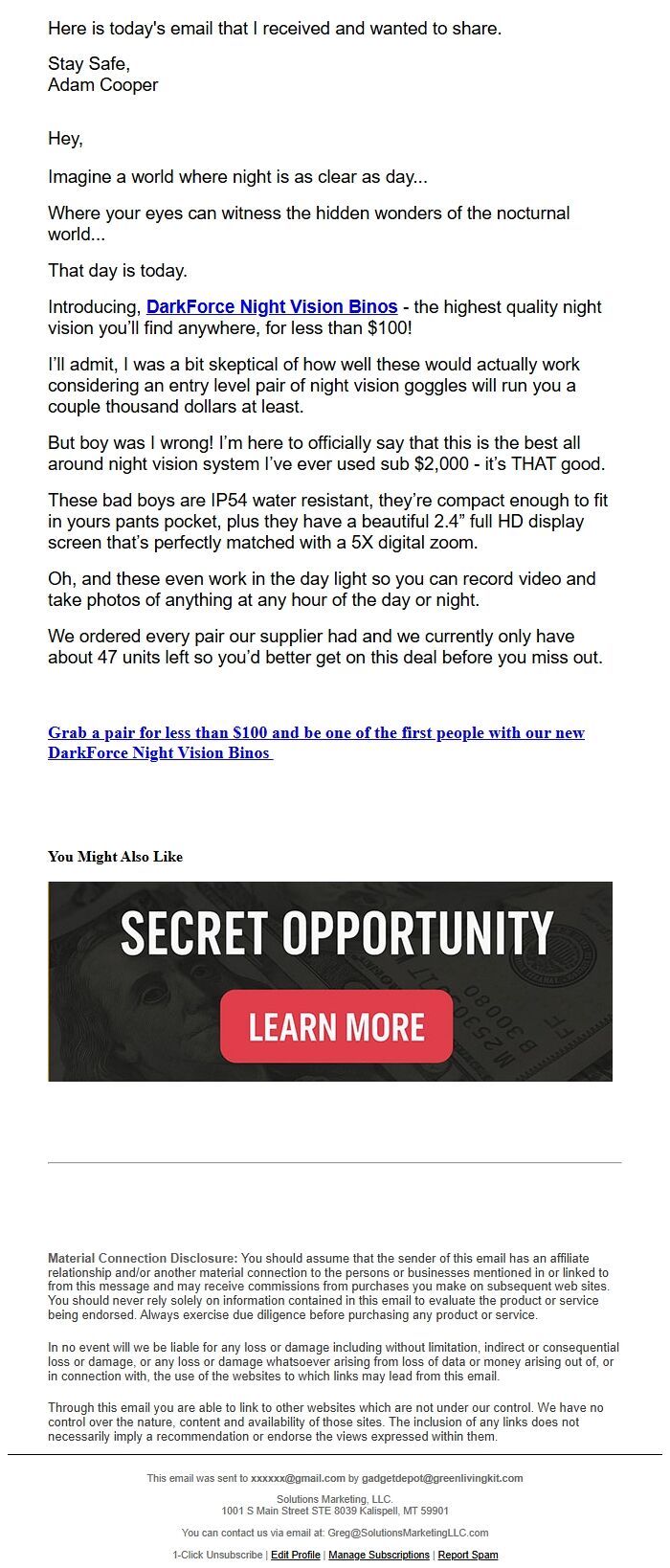 Screenshot of the email generated on import