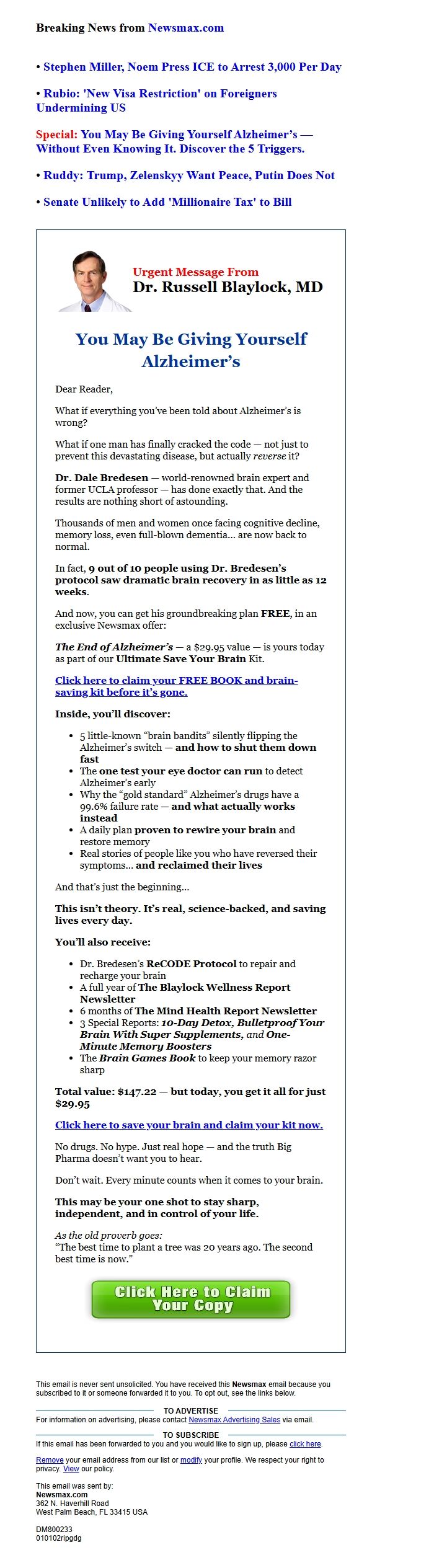 Screenshot of the email generated on import