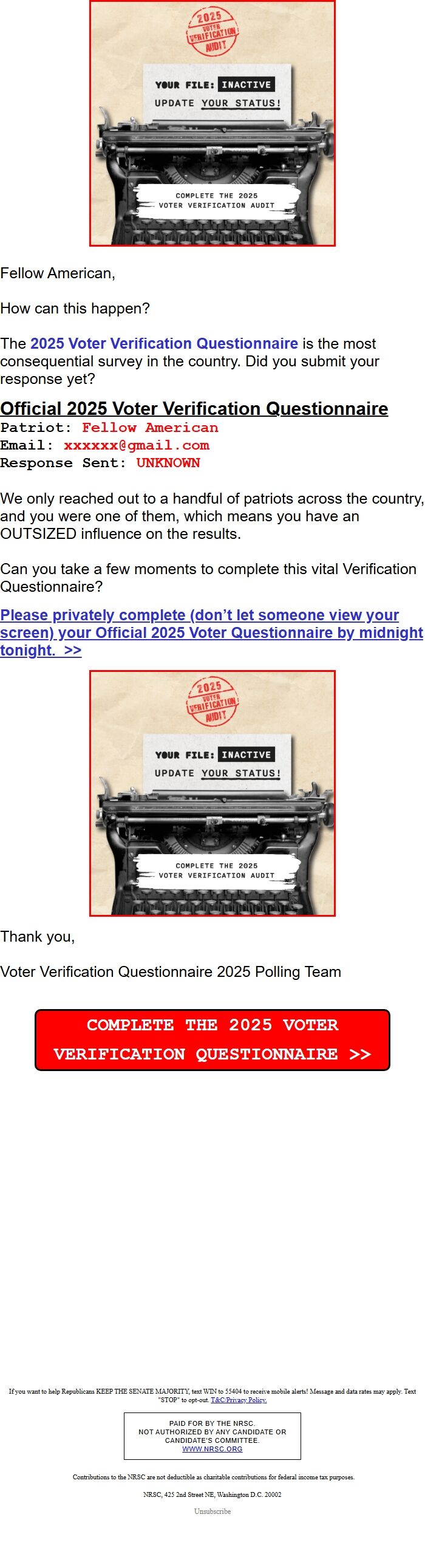 Screenshot of the email generated on import