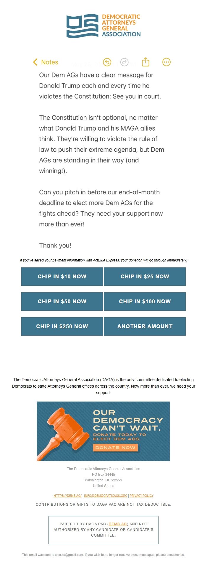 Screenshot of the email generated on import