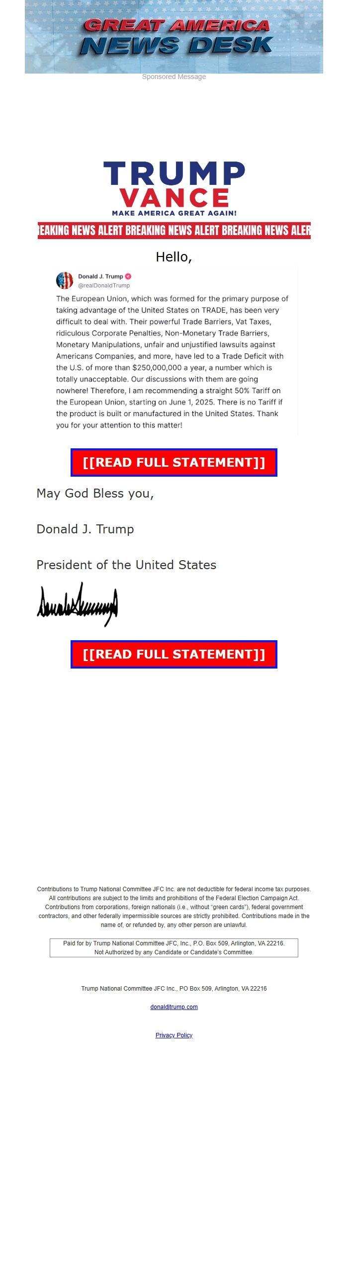 Screenshot of the email generated on import