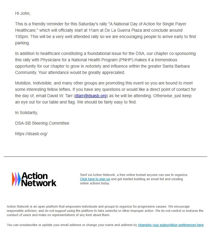 Screenshot of the email generated on import