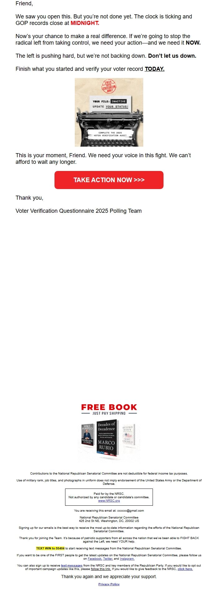 Screenshot of the email generated on import