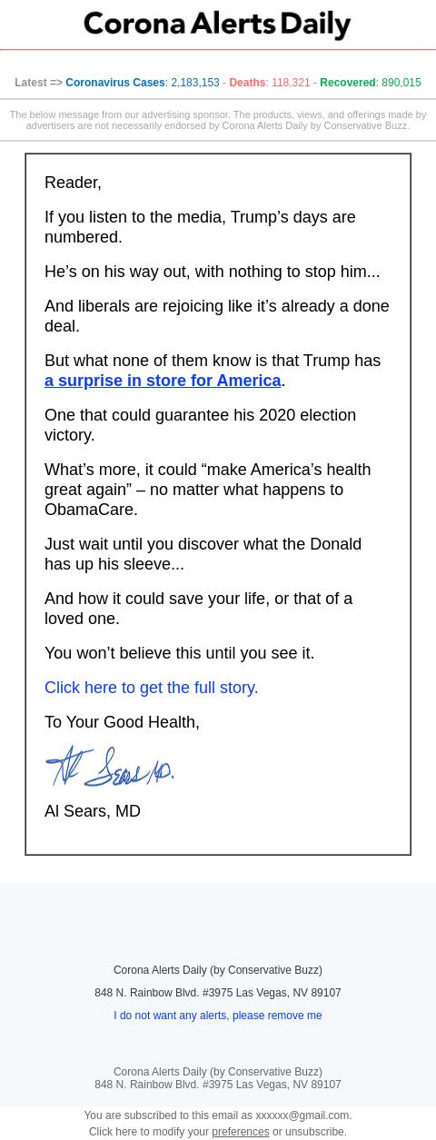 Screenshot of the email generated on import