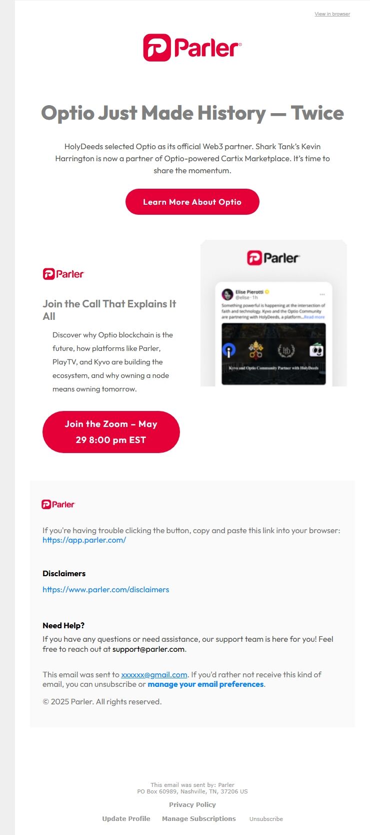 Screenshot of the email generated on import