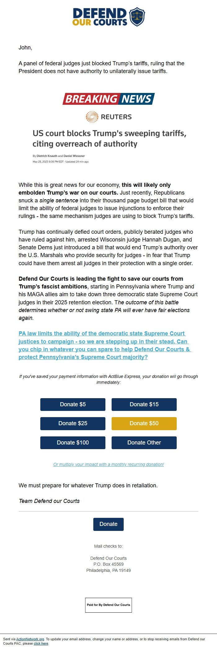 Screenshot of the email generated on import