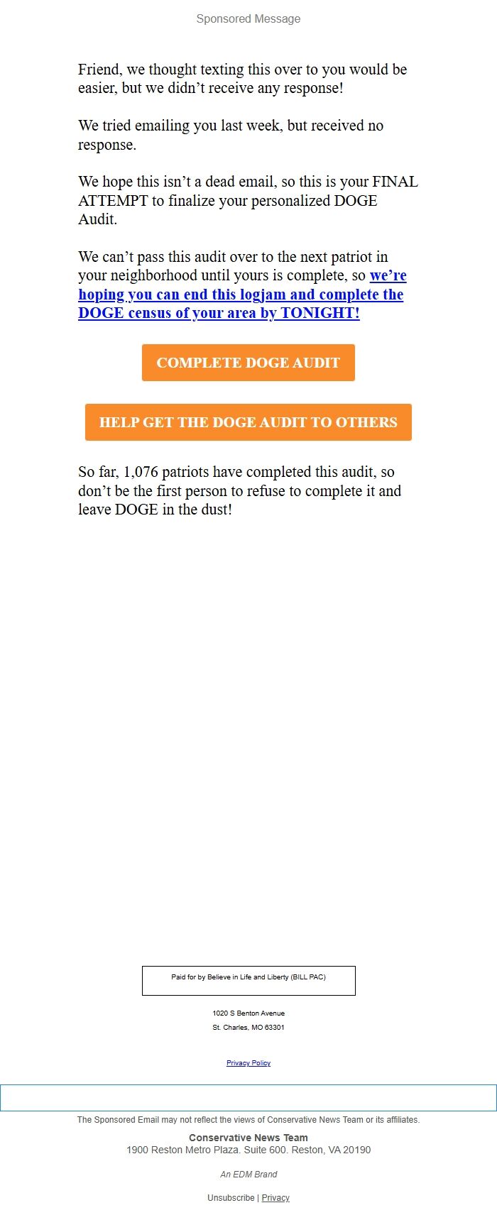 Screenshot of the email generated on import