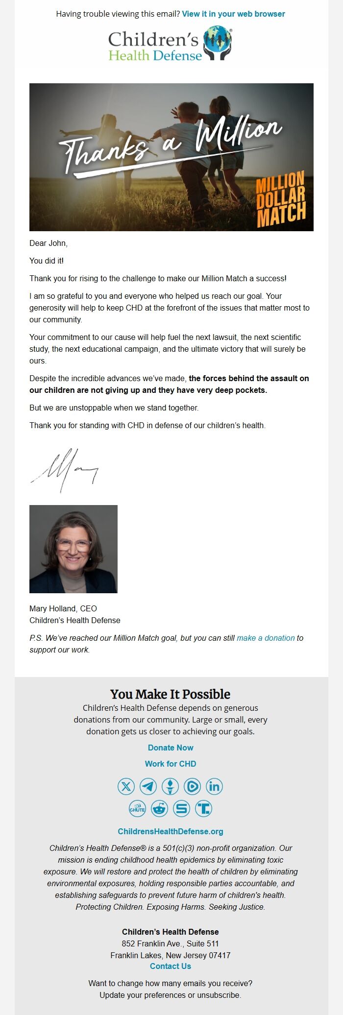 Screenshot of the email generated on import
