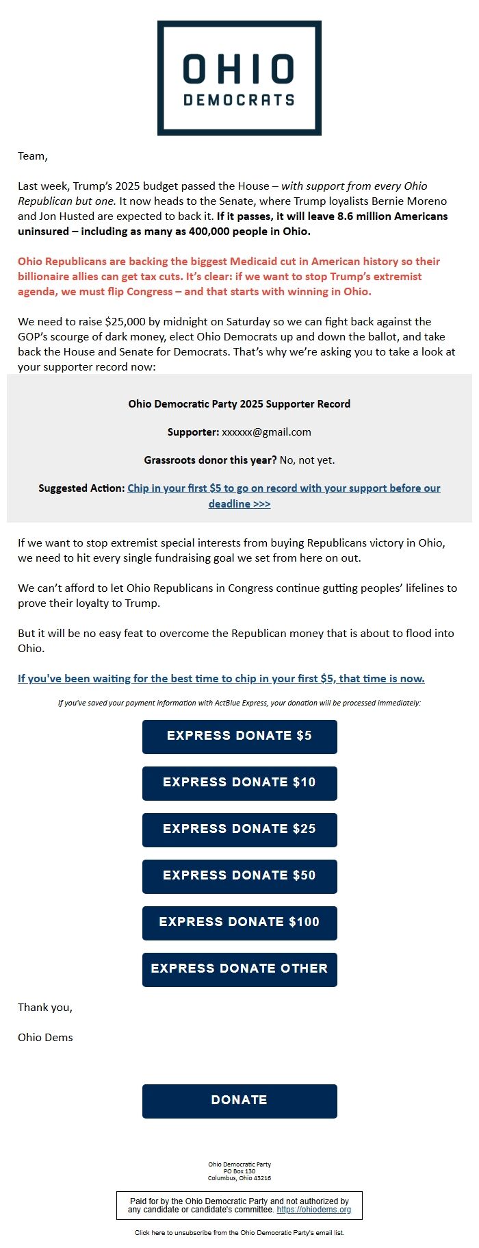 Screenshot of the email generated on import
