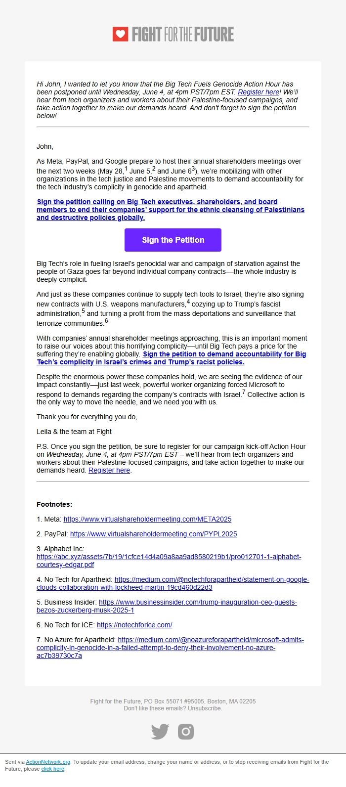 Screenshot of the email generated on import