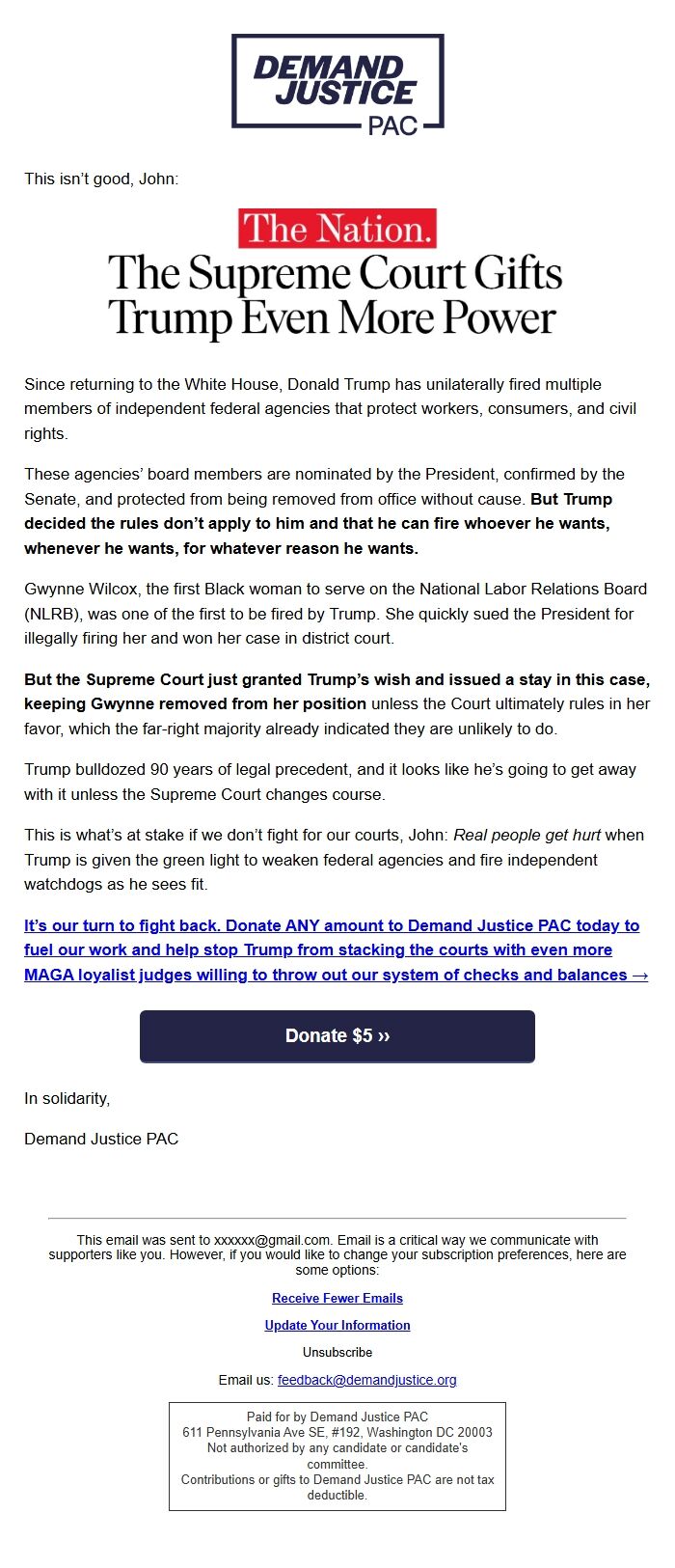 Screenshot of the email generated on import