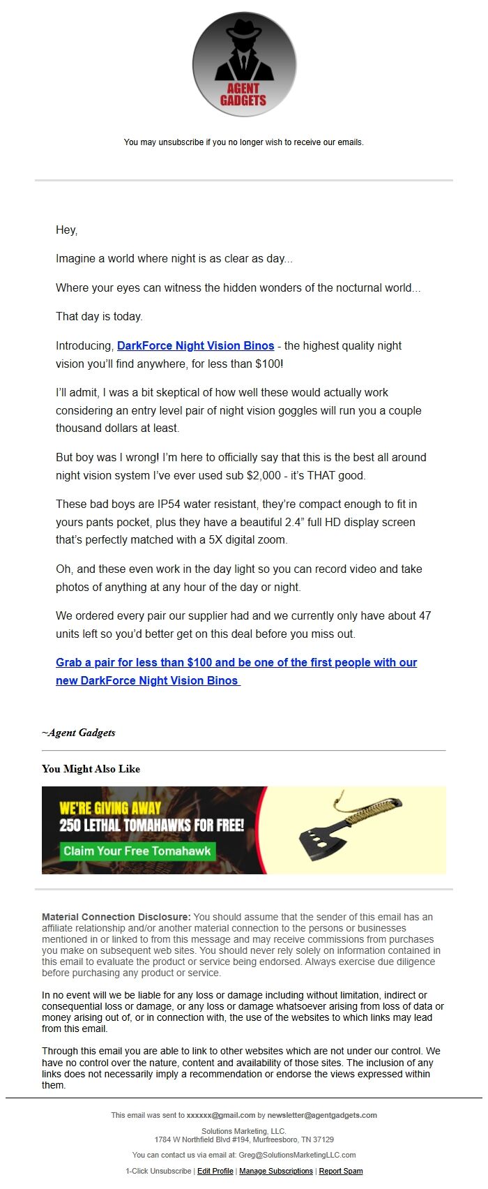 Screenshot of the email generated on import