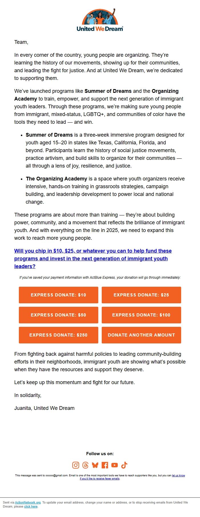Screenshot of the email generated on import