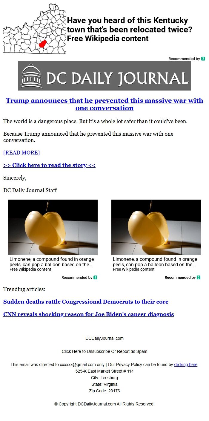 Screenshot of the email generated on import