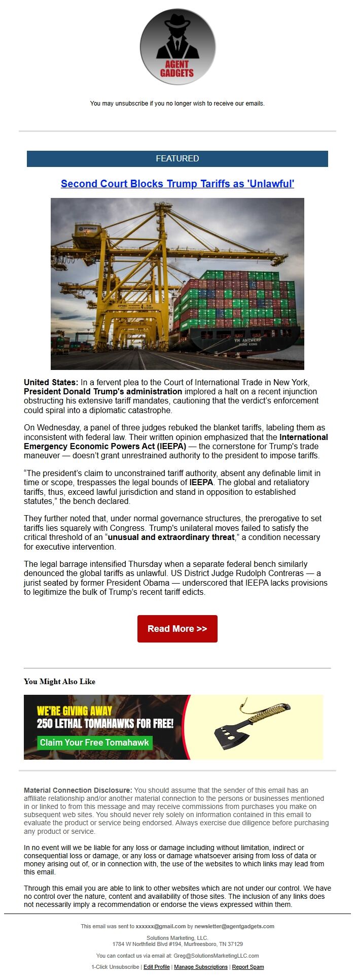 Screenshot of the email generated on import