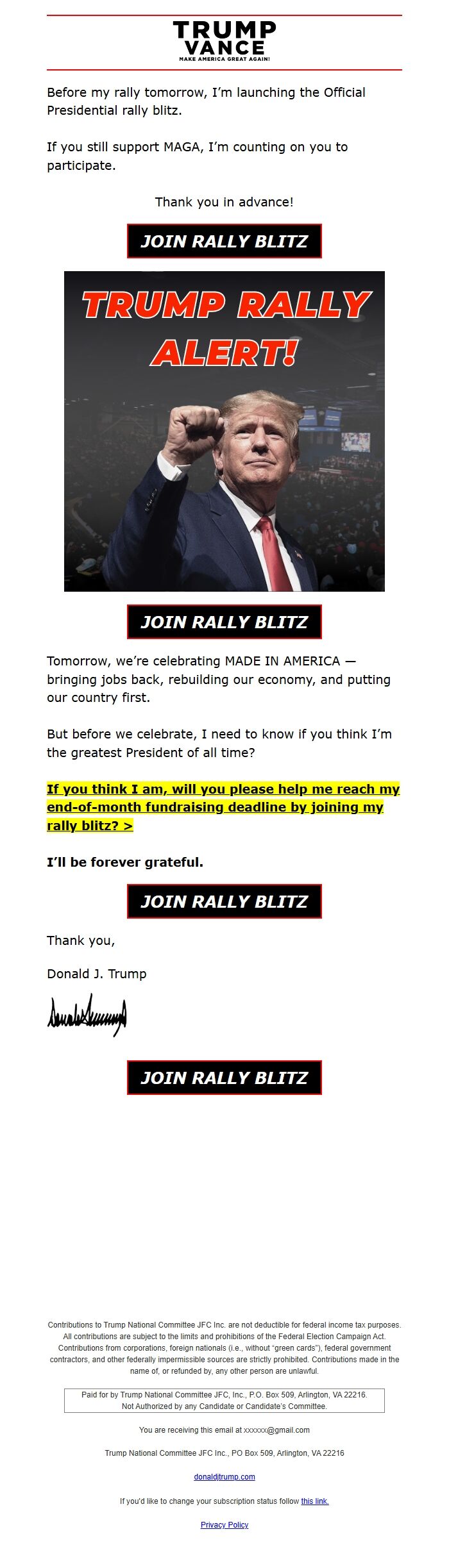 Screenshot of the email generated on import