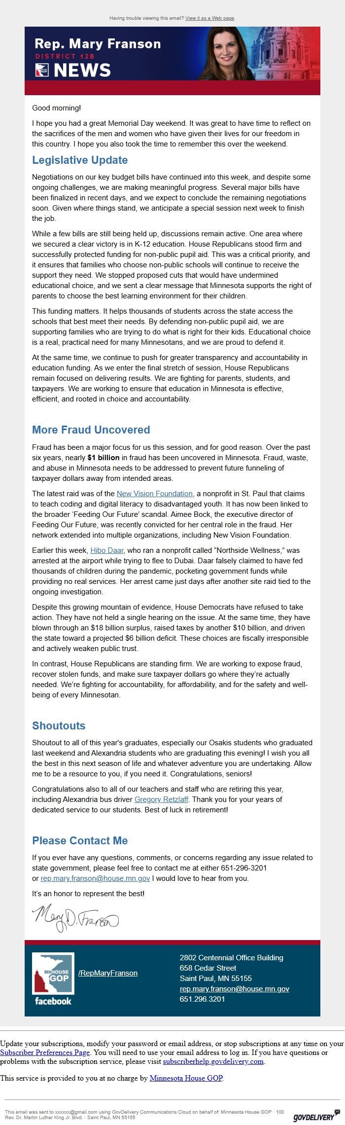 Screenshot of the email generated on import