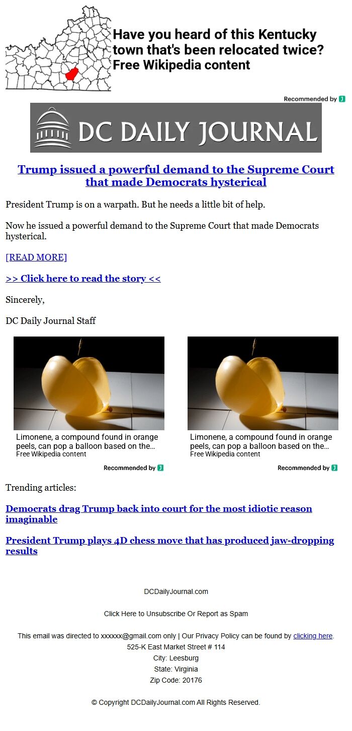 Screenshot of the email generated on import
