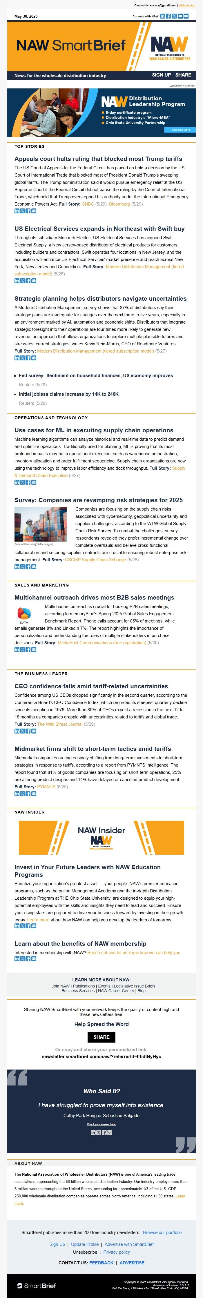 Screenshot of the email generated on import