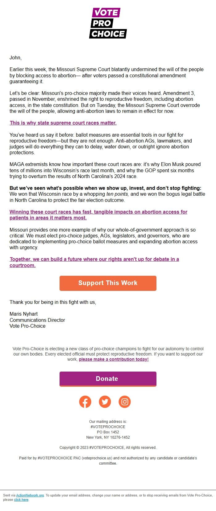 Screenshot of the email generated on import