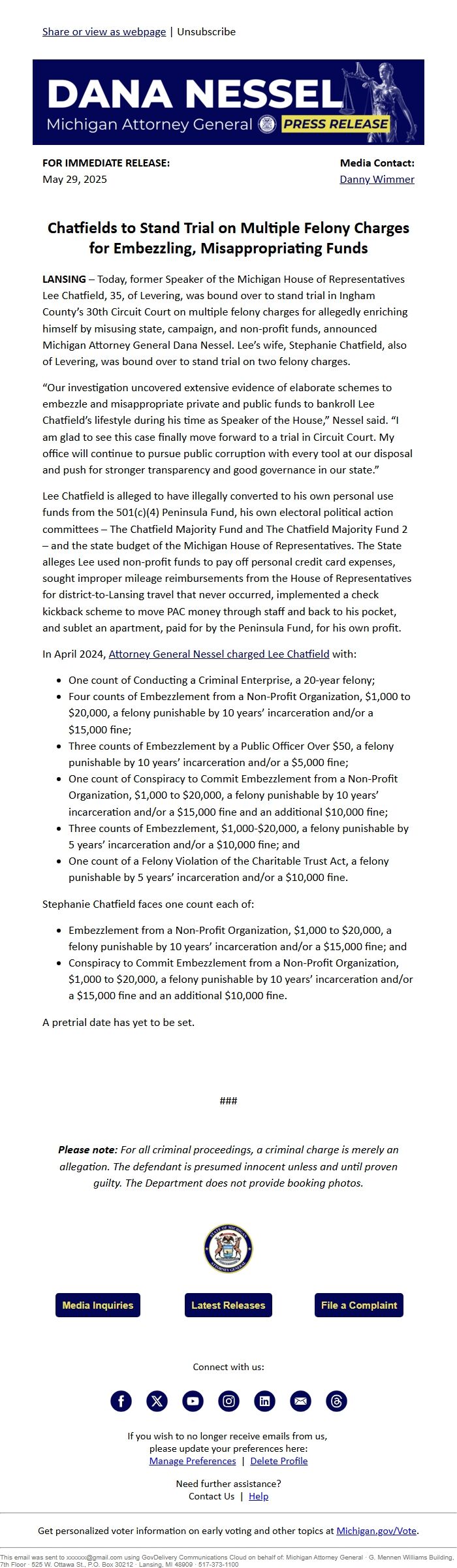 Screenshot of the email generated on import