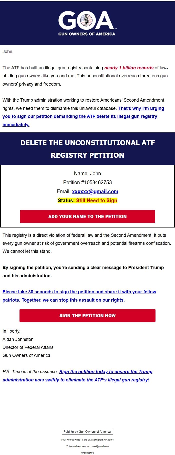 Screenshot of the email generated on import