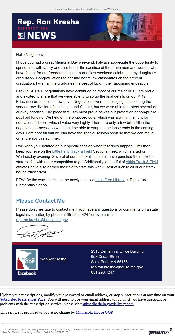 Screenshot of the email generated on import