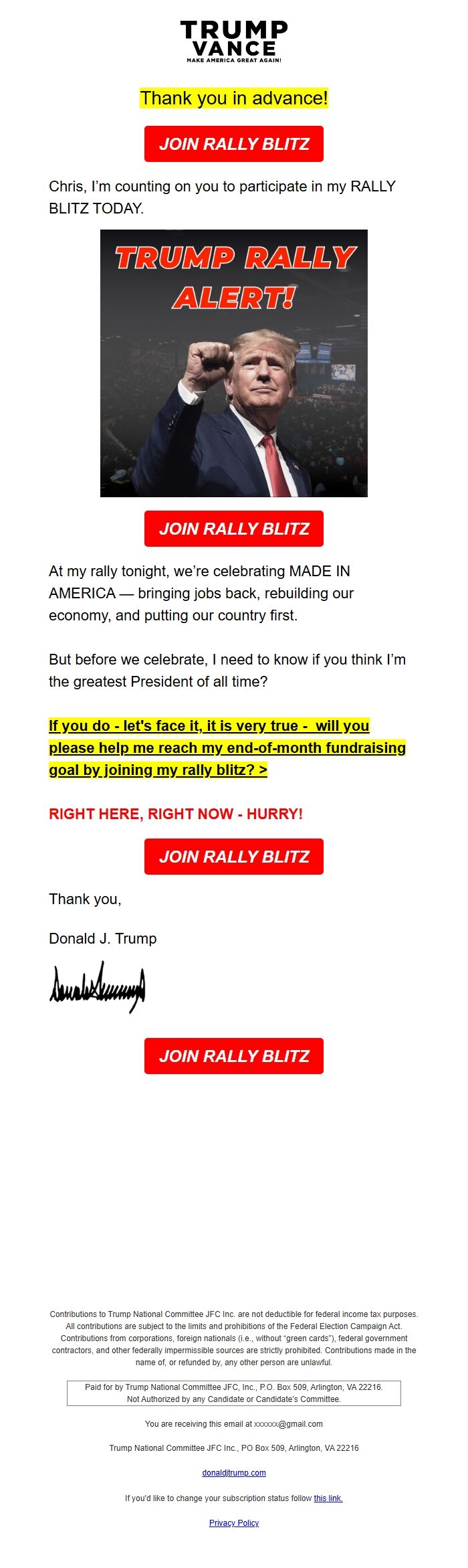 Screenshot of the email generated on import