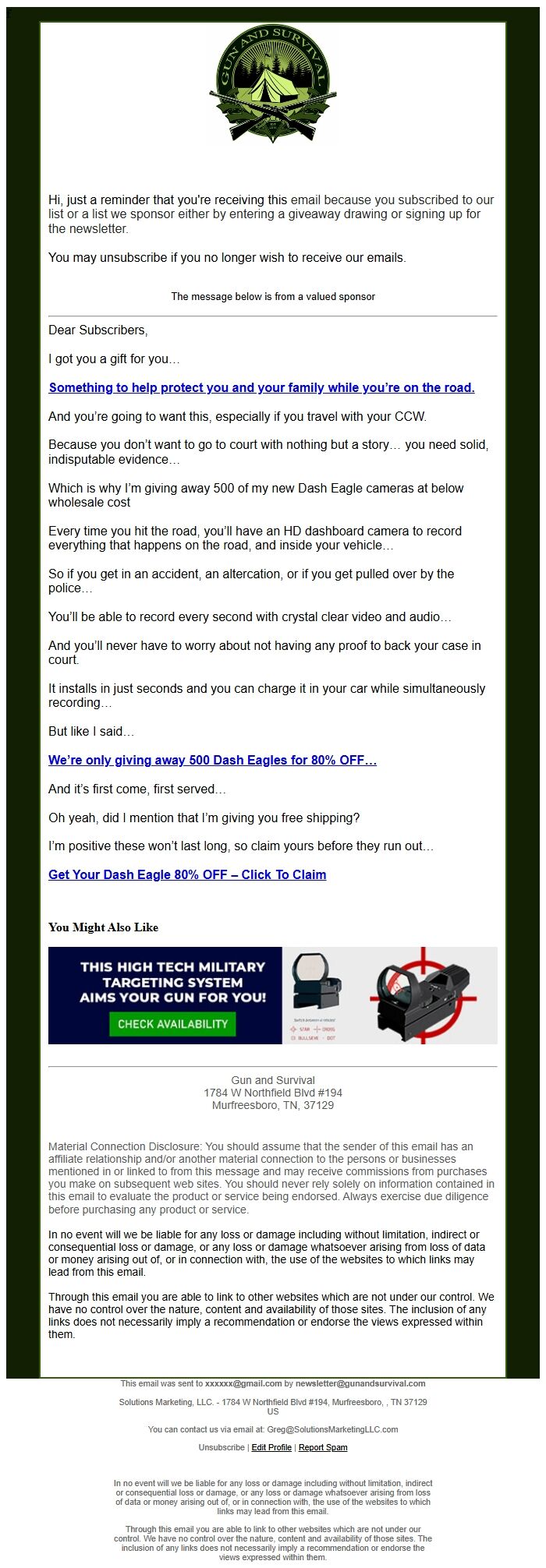 Screenshot of the email generated on import
