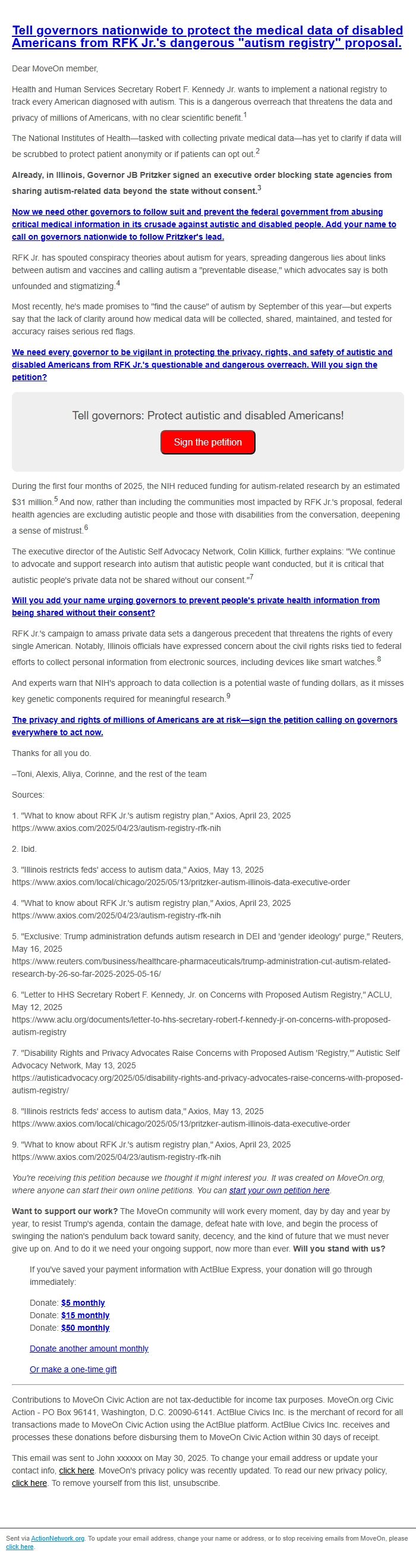 Screenshot of the email generated on import